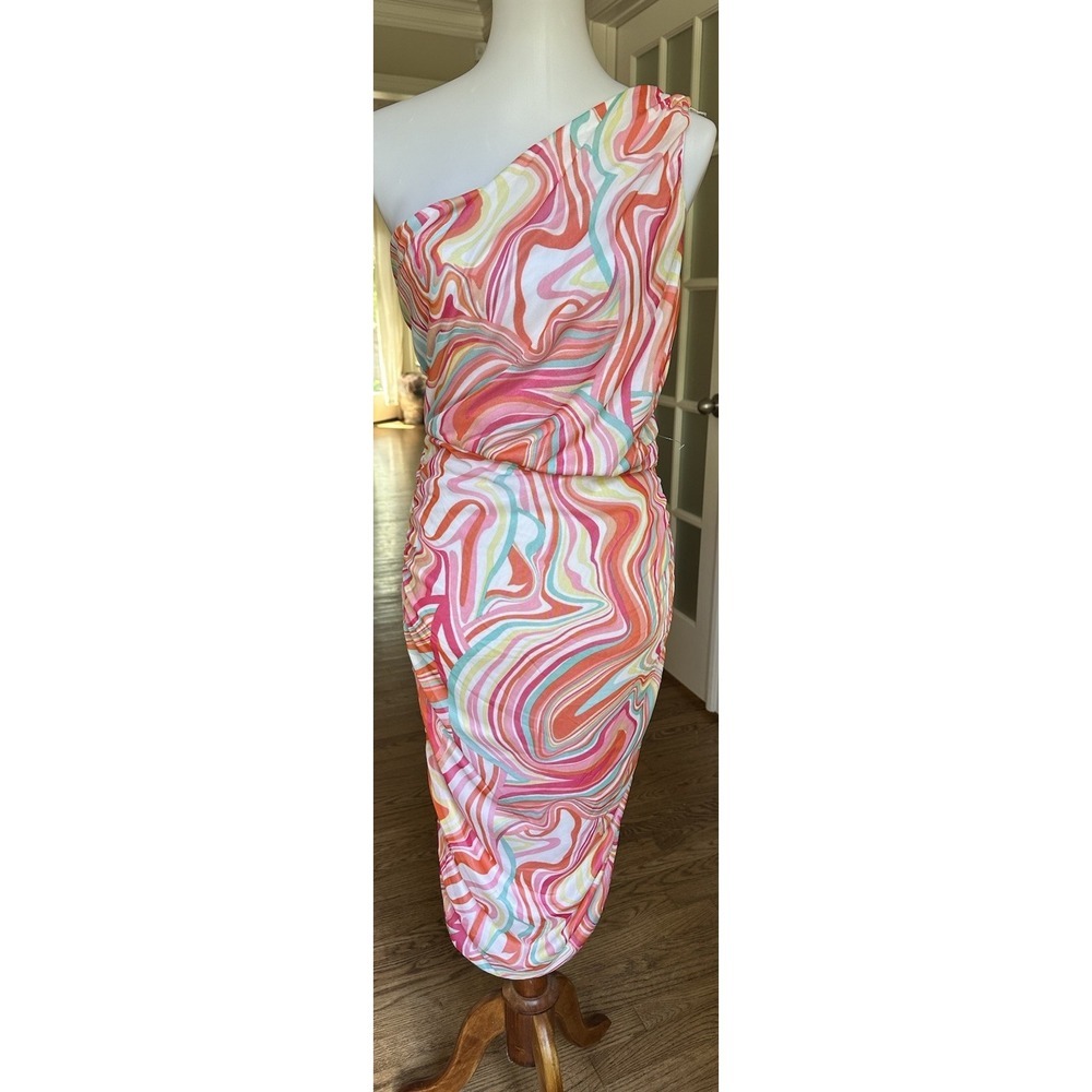 Love One-Shoulder Swirl Print Dress in Pink, Coral & Mint